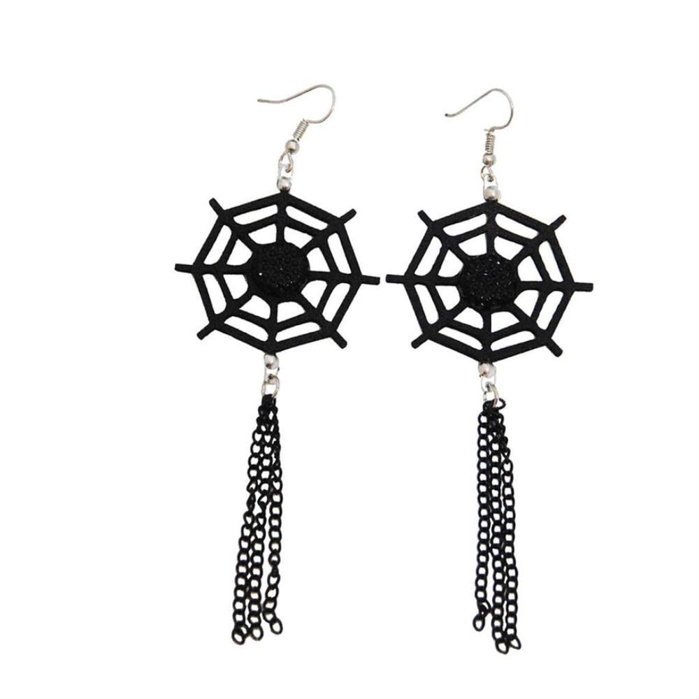New Black Spiderweb Tassel Drop Earrings Goth Halloween